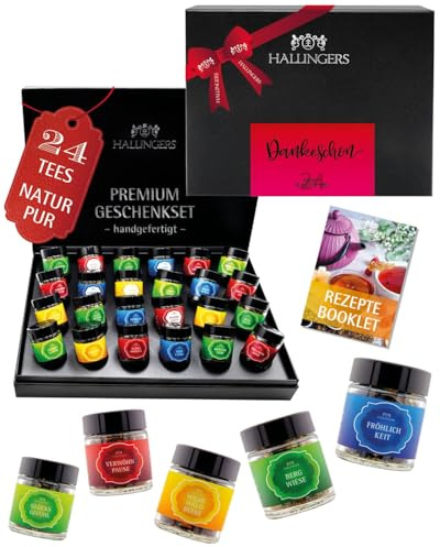 Hallingers Genuss Manufaktur Tee Geschenkset Dankeschön - 24 Sorten Premium loser Tee im Glas in edler Geschenkbox, vegan & glutenfrei, Tee Set Dankeschöne Probierset, liebe Geschenkidee für Frauen