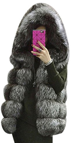 LaoZan Gilet di Pelliccia Ecologica Senza Maniche con Cappello Caldo e Elegante - Argento - X Large