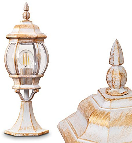 Lámpara de exterior Lentua, lámpara de pie de aspecto antiguo,aluminio fundido en blanco/oro con discos de plástico,luz de camino 50 cm, lámpara de jardín vintage, casquillo E27, IP44, sin bombilla(s)