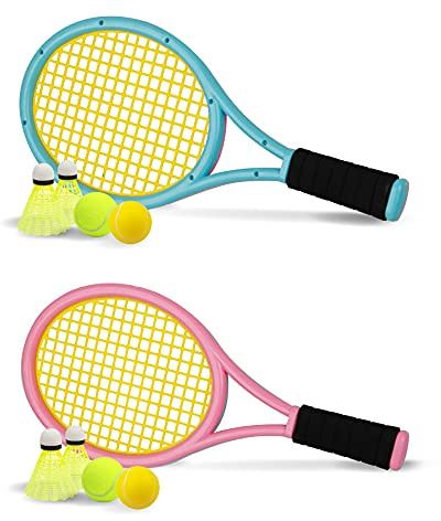 Nileatry Kid Tennis Racket with Bag,Plastic Racquet Include 2 Foam Ball,2 Tennis Ball,4 Badminton for Children,Toddler Outdoor/Indoor Sport Play (Pink&Blue)