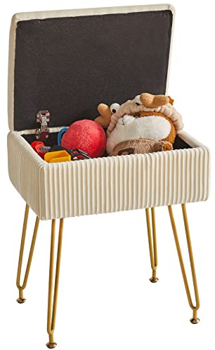 YMYNY Pouf Ottoman avec Espace de Rangement, Tabouret de Maquillage, Repose-Pieds en Velours, Chaise de Coiffeuse Carrée à Rayures, Pieds en Métal Doré, 40×29.5×48CM Beige HBD024M