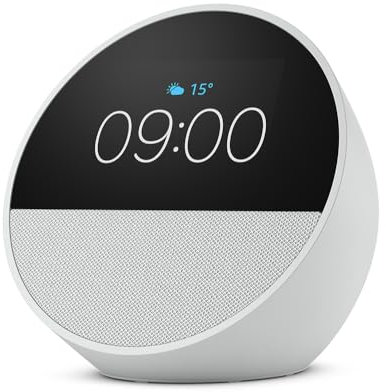 Zertifiziert und generalüberholt Amazon Echo Spot (2024), smarter Wecker mit sattem Klang und Alexa, Weiß