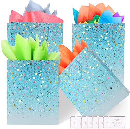TRUEIN Papiertüten mit Henkel, 4 Geschenktüten Bunt mit Stern Verzierung, 8 Grußkarten, Party Geschenk Taschen, Geschenktasche Tüten Groß mit Sternenmuster fur Kindergeburtstag, Hochzeit, Parteien