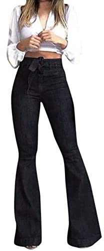 Nidddiv Jeans für Damen, hohe Taille, Stretch, einfarbig, ausgestellte Jeans, elastische Taille, schmaler Glocken-Saum, Denim-Hose, weich, dehnbar, Jeggings, lässig, schwarz, volle Länge,