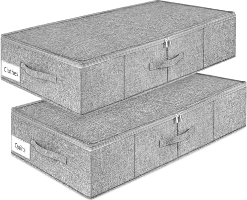 mepure 2 Pack 50L Under Bed Storage Boxes with Lids, Foldable Fabric Underbed Storage Bag with Zip, Sturdy Under Bed Storage Box with 3 Handles, 76×40×17cm, Grey