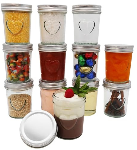 megusta! 12 tarros con tapa de rosca | 200 ml | corazón en tarro | tapas plateadas | tarros de mermelada, vasos de postre, vasos de bebé, vasos de yogur, para bodas, cumpleaños
