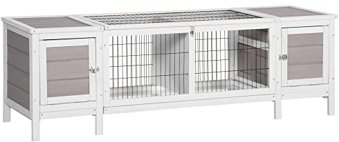 PawHut Rabbit Hutch, Bunny Cage, Guinea Pig House with Pull-Out Tray, and Divided Board for Rabbits, Chickens, Ducks, Indoor, White