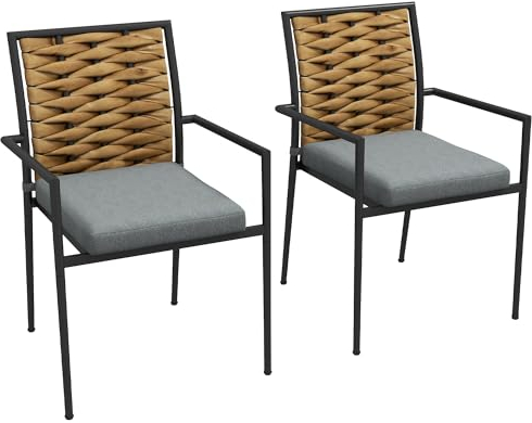 Outsunny 2er-Set Rattan Gartenstuhl Gartensessel Set mit Kissen, Stapelbarer Gartenstuhl, Balkonstuhl für Terrasse, Stahl, 57 x 58 x 87 cm, Grau