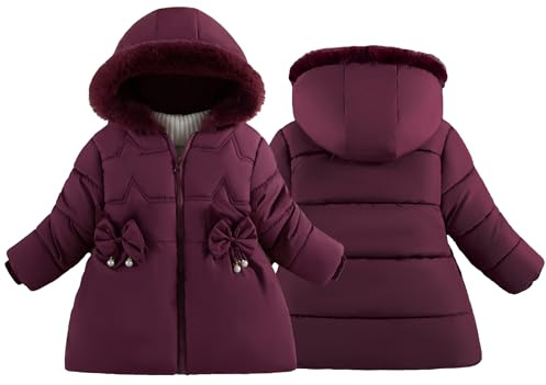 Maeau - Doudoune à Capuche Enfant Fille Parka Manteau Chaud Hiver Veste en Coton Matelassée Fermeture Éclair Manteau Duvet avec Poches Nœud Papillon 1-5 Ans