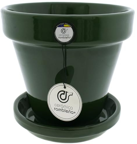 CERÁMICA RAMBLEÑA | Maceta Suelo | Maceta de Barro | Maceta cerámica Decorado Liso | Verde - Modelo D138 | 20x20x19 cm | Plato Incluido