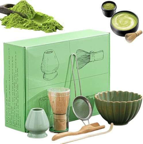 Vaileal 6 Stück Matcha Tee set, Matcha Set, Matcha Schneebesen, Matcha Schale aus Keramik,Matcha-Rührer, Matcha-Schüssel, Matcha-Rührer-Ständer und Bambuslöffel, Matcha zubehör Geschenkset