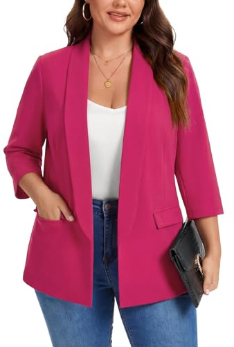 MINTLIMIT Womens 3/4 Sleeve Plus Size Blazers Shawl Lapel Open Front Jackets Half Lined Suit Office Work Blazers (Hot Pink 3XL)