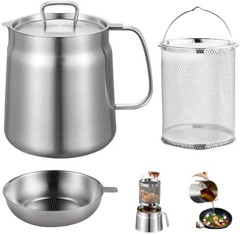 Friteuse Acier Inoxydable 304 avec Mailles Filtre Fines & Filtrant Panier, Marmite Huile Multifonctionnelle 2L Couvercle Anti-Poussière, Récipient Graissee Poignée pour Graisse Cuisson Frire