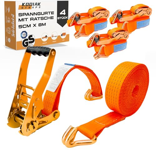 4 Cinghie di Tensione 8m x 4000kg con Cricchetto e Ganci - Cinghie a Cricchetto da 50mm - Cinghia Arancione per la Sicurezza del Carico - Certificato TÜV/GS e secondo DIN EN 12195-2 - KODIAK STRAPS