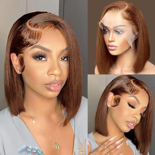 12 Inch Bob Human Hair Wig,Chocolate Brown 13x4 Lace Front Wigs for Women Human Hair,#4 Straight 180% Density Transparent Lace Frontal Wig,Short Brazilian Real Hair