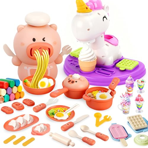 LumenVela Pate a Modeler, 57 Pièces Pâte à Modeler pour Enfants Accessoire Pate à Modèle avec Machine à Glace, Machine à pâtes pour Enfant 4 5 6 7 8 Ans