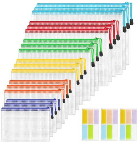 18 Bolsas Organizadoras con Cremallera, Fundas para Documentos Impermeables de PVC con Malla Transparente, Archivo de 6 Tamaños Diferentes Coloridos, Almacenamiento para Escuela, Oficina