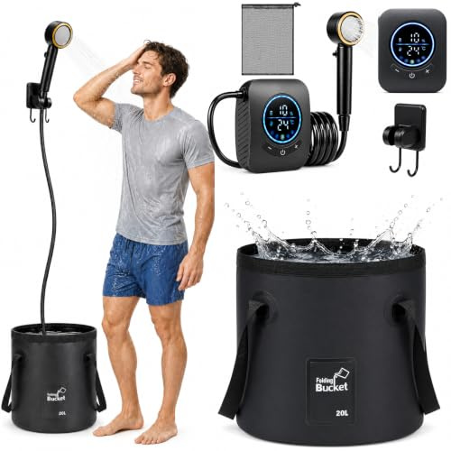 Yaskyly Ducha Portatil Camping con Cubo Plegable 20L, 8000mAh Recargable Ducha Camper con Pantalla de Temperatura Modo de 5 Velocidad Bomba Eléctrica IPX7 para Acampar Jardín Lavado de Coches Mascotas
