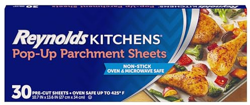 Reynolds Kitchens Pop-Up Parchment Paper Sheets, 30 Count, Fits Standard Baking Pans and Cookie Sheets, Non-Curling, Non-Stick, Pre-Cut, Oven-Safe Up to 425F, 10.75 in x 13.75 in