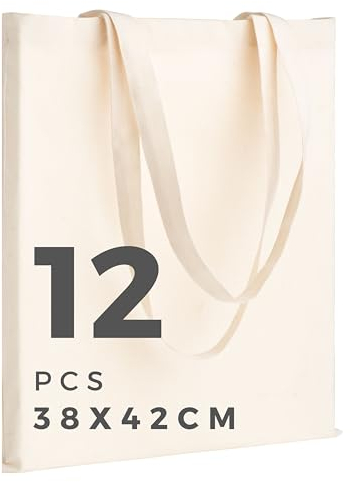 POLHIM Baumwollbeutel 38×42 cm – Beige – Sets mit 2/6/12/24/48 Stück, unbedruckt, mit langen Henkeln, wiederverwendbar, Stück 38x42cm Baumwolltasche, wiederverwendbare Einkaufstasche, natürliche (12)