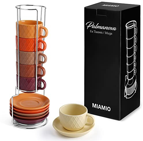 MIAMIO – 6 x 75 ml Espresso Tassen/Espressotassen Set mit Ständer Steingut Keramik - Palmanova Kollektion (Magma)