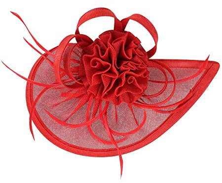 2023 Fascinator Hut Feder Mesh Tea Party Haarband für Frauen, Fascinator Hut Feder Mesh Netz Schleier Party Hut Hüte Hut mit Clip und Stirnband für Frauen, Federn Clip Kopfschmuck (Red, One Size)