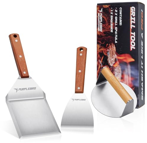 PURPLEBIRD Burger-Set (3-TLG.) aus Edelstahl inkl. Burgerpresse, 2 Grillspachtels, Burger Spachtel Set mit Groß Grillwender und Burger Smasher aus Edelstahl für Smash Burger, Gasgrill, Teppanyaki, BBQ