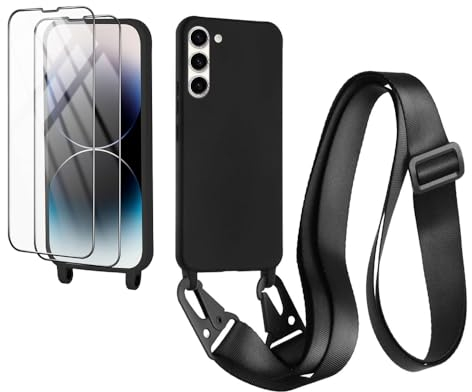 CaseLover Handyband für Samsung Galaxy S23 5G Hülle mit Band, Premium Flüssiges Silikon Necklace Handyhülle mit 2 Stück Schutzfolie Verstellbarer Kordel zum Umhängen Stossfest Schutzhülle, Schwarz