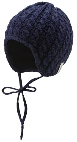 Sterntaler Strickmütze mit Zopfmuster - Unisex Babymütze, gefüttert mit wärmendem Baumwollfleece - Wintermütze mit Ohrenklappen und Bindeband - Marine, 49
