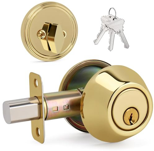 LOQRON Cerrojo de seguridad de un solo cilindro con llaves, cerradura exterior con llave para seguridad de puerta de entrada delantera, latón pulido