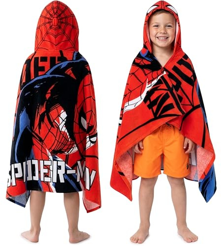 Marvel Spiderman Kids Changing Robe, Hooded Towel Poncho Boys Girls, Avengers Wearable Towel for Swim Surf, Gifts for Kids (Red Spiderman, 6-14 Years)