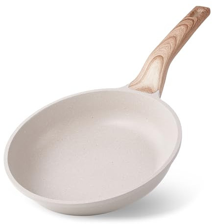 RIOVARM 24cm Inducción Antiadherente Sartenes para freír, Granito Sartenes para huevos sin PFOA, Sartén para Tortilla con mango de baquelita Woodgrain, Beige Batería de cocina Regalo, Apta para Gas