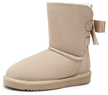 DREAM PAIRS Stivali Invernali da Donna FuzzyChic con Fiocco in Vera Pelle Scamosciata Fodera Stivaletti Corti per Esterno e Interno,Size 36.5,Sabbia,SDSB2408W