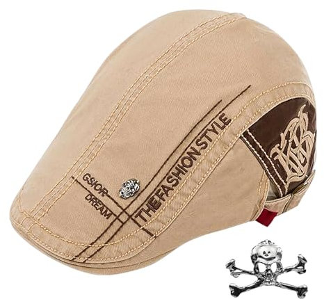 ZBHDEYG 1 Vintage-Baskenmütze, 1 Totenkopf-Nadel, Herren-Schiebermütze, Verstellbare Mütze, Ganzjahres-Baskenmütze, Einfache Lässige Vorwärtsmütze, Große Krempe