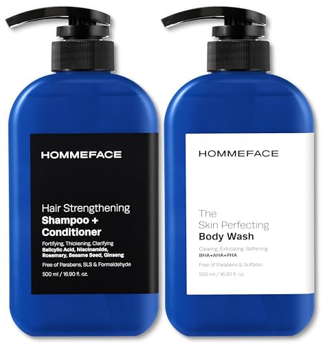 Triple action shower set for men: the bath shower gel and shampoo set contains a 2-in-1 hair strengthening shampoo, conditioner and shower gel with pump for acne prone skin