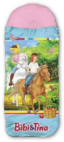 Bibi und Tina Kinder-Schlafsack – Freunde Blau/Rosa 140 cm + 30 cm (Kapuze) x 70 cm, ideal für Outdoor/Indoor, Mumienschlafsack für Mädchen mit den Pferden Sabrina & Amadeus mit Reißverschluss