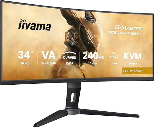 iiyama G-MASTER Gold Phoenix GCB3486WQSCP-B1 Curved 1500R 86.4cm 34“ VA LED Gaming Monitor UWQHD HDMI DP USB3.2 USB-C Dock 95W RJ45 LAN 0.4ms 240Hz KVM HDR400 FreeSync Premium PIP/PBP Höhenverstellung