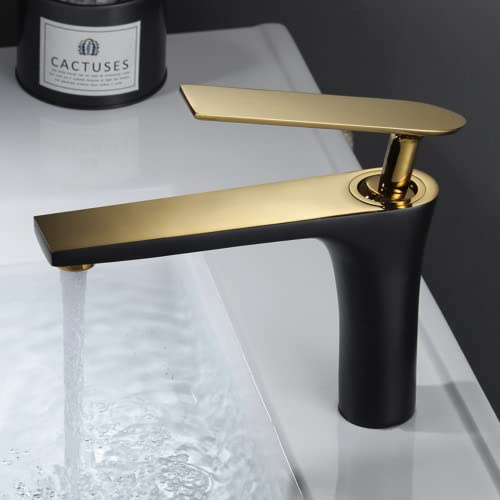 Badrum Handfat Kran Borstad Guld Mässing Badrum Kran Kall Och Varmvatten Blandare Handfat Kran Däck Monterad Svart/Krom Kran, Gold Black Short