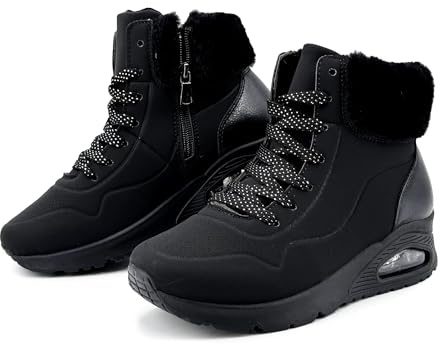 JOMIX Bottines Femme Hiver Chaudes à Lacets Fermeture Éclair Col Imitation Fourrure Talon Compensé avec Coussin d’Air Confortables pour la Marche Urbaine et le Quotidien