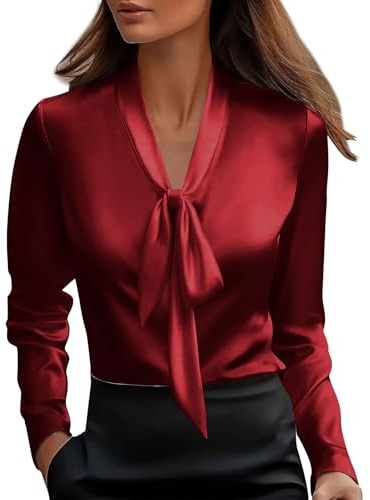 GMQWRK Blusas de mujer con cuello de lazo satinado elegantes de manga larga con cuello en V, camisas de moda casual para oficina y trabajo, blusas de seda brillante tipo pullover, camisas y blusas
