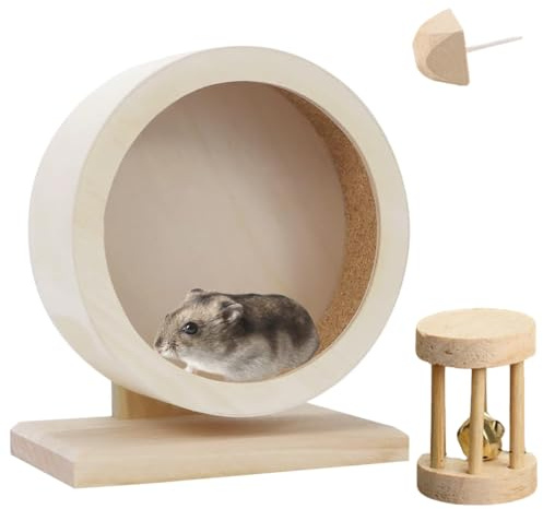 Roue d'exercice pour Petits Animaux Hamster en Bois Silencieuse Jouet de Course Rotatif pour Rat,Gerbille,Souris,1 Jouet en Bois avec Une Cloche,1 Pierre à mâcher