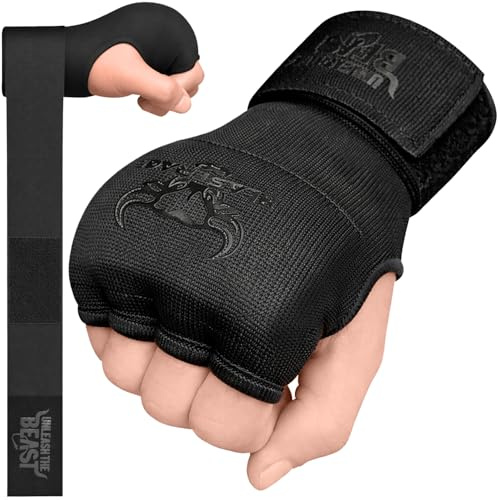 BEAST RAGE Boxing Gel Hand Wraps Inner Gloves for Men Women–Quick Hand Wraps with 100cm Wrist Support Straps,Elasticated Gel Padded Fist Protection for MMA,Muay Thai,Adult & Kids (Black, L)
