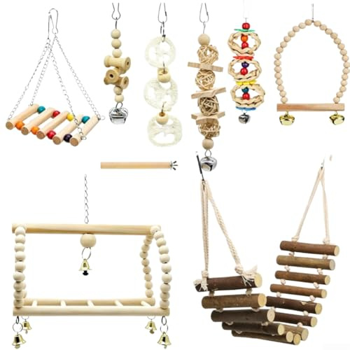 Set di accessori in legno per gabbia per uccelli, 9 pezzi, giocattoli da masticare per pappagalli, con altalena e scala per giocare attivamente