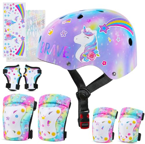 MHJY Casque Velo Enfant Casque Protection Trotinette Filles et Garçons Licorne Genouillères et Coudières Réglables Équipement de Protection pour Roller Scooter Skateboard Moto 3-8 Ans