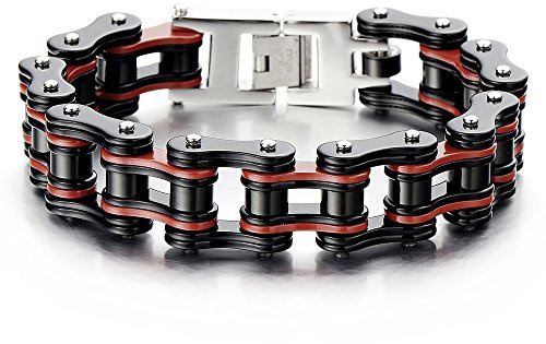 COOLSTEELANDBEYOND Grandes y Pesados, Pulsera de Hombre, Brazalete de Acero Inoxidable, Bike Chain, Cadena Bici, Color Rojo Negro