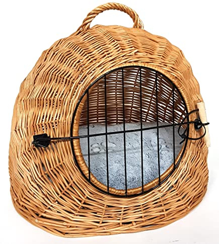Tigana - Korbhöhle Transportkorb Transporthöhle Katzenhöhle aus Weide 50 cm Natur (+ Kissen in Grau)