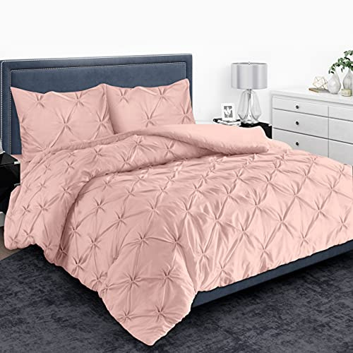 MH Home Pintuck Single Duvet Cover Set - 200 Thread Count 100% Egyptian Cotton Pinch Pleated Quilt Bedding Covers Set (Soft Pink, Single)