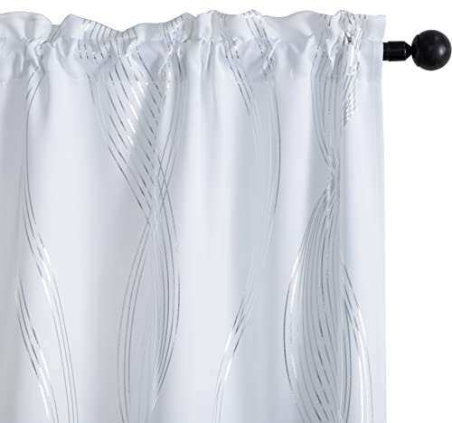 GIRASOLE HOME® Coppia Tende Oscuranti Termiche Morbide Fantasia Onde Argentate Tenda Isolante per Soggiorno Camera e Interni 2 Pannelli con Tasca (70x235cm, Bianco)