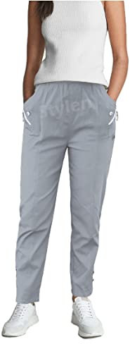 URBAN STITCH Trouser for Women UK Grey Casual Full Length Elasticated High Waist Pants with Stretch Light Weight Summer Straight fit Ladies Bottoms (16, Grey)