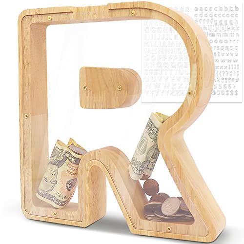 DBPBToU Hucha Grande de Madera con Letras, Huchas Personalizada Transparente 23*4*23cm, Cerdito para Niños, Creativa para Regalo de Cumpleaños/Decoración del Hogar/Recuerdo